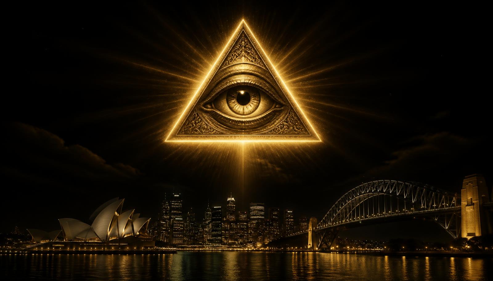 Golden all-seeing eye above the Sydney skyline at night